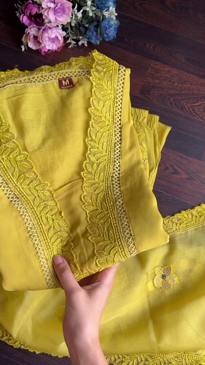FANCY MUSLIN THREAD WORK TOP BOTTOM WITH DUPATTA YELLOW