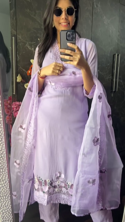 FANCY MUSLIN THREAD WORK TOP BOTTOM WITH DUPATTA YELLOW