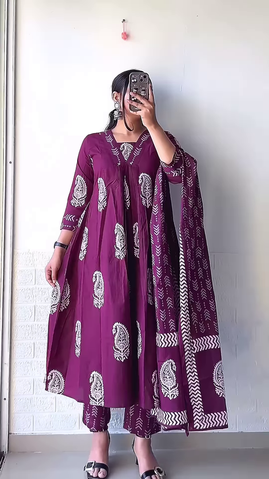 Plum Anarkali Kurta Set with Paisley Prints & Dupatta
