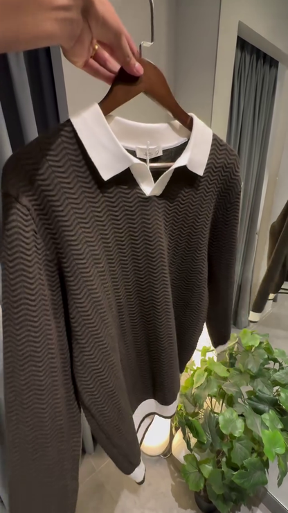 Classic Black Textured Knit Sweater with White Collar – Elegant & Versatile