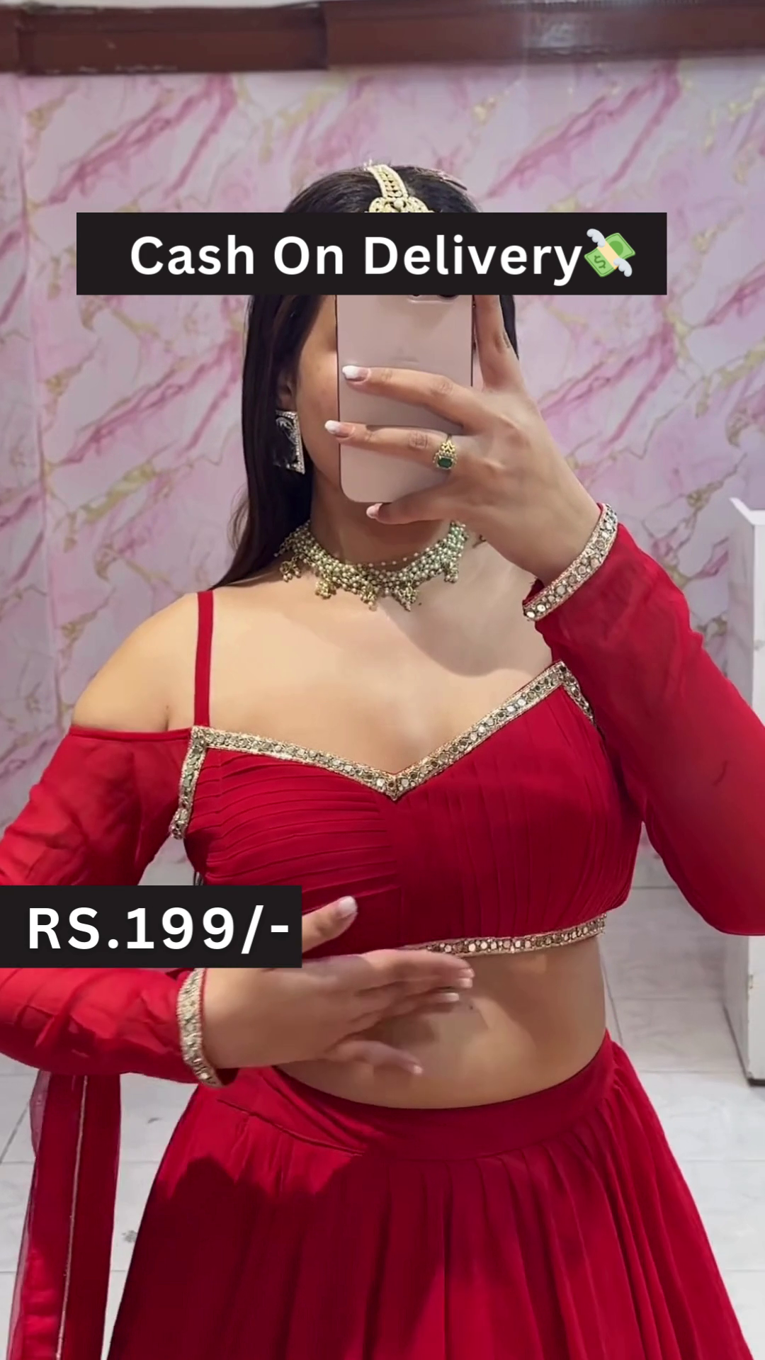 Bold Red Off-Shoulder Lehenga Choli Set with Mirror Selfie Styling – Youthful Elegance for Festive Glam