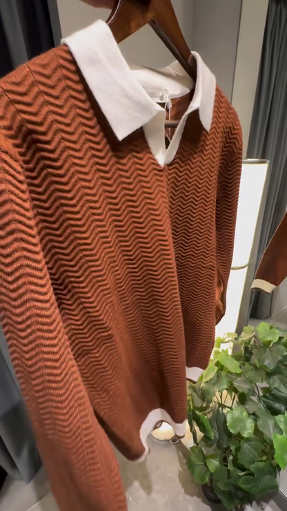 Classic Black Textured Knit Sweater with White Collar – Elegant & Versatile