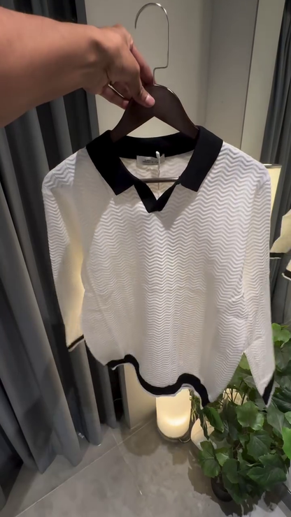 Classic Black Textured Knit Sweater with White Collar – Elegant & Versatile