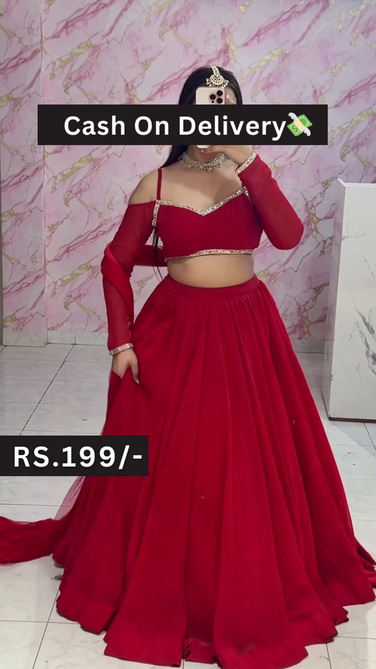 Bold Red Off-Shoulder Lehenga Choli Set with Mirror Selfie Styling – Youthful Elegance for Festive Glam