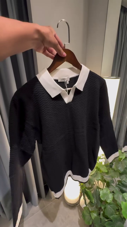 Classic Black Textured Knit Sweater with White Collar – Elegant & Versatile