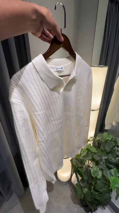 Classic Black Textured Knit Sweater with White Collar – Elegant & Versatile