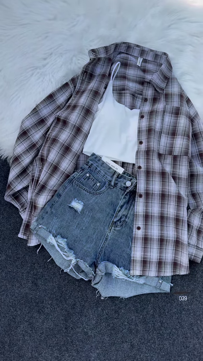 Plaid Oversized Shirt with Ripped Denim Shorts – Casual Street Style Combo for Women