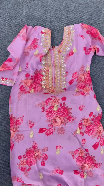 Lavender Floral Printed Kurti with Golden Embroidery – Festive & Ethnic Wear for Women