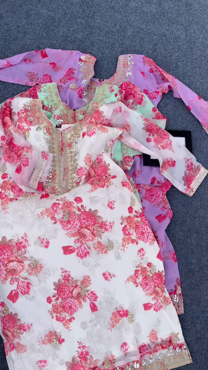 Lavender Floral Printed Kurti with Golden Embroidery – Festive & Ethnic Wear for Women