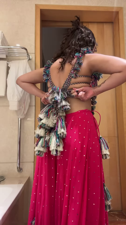Mirror Work Tassel Embellished Crop Top & Sharara Set – Vibrant Navratri & Garba Look for Festive Nights