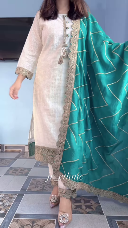 Elegant Cream Kurta Set with Embroidered Green Dupatta – Classy Ethnic Outfit for Festive & Formal Wear