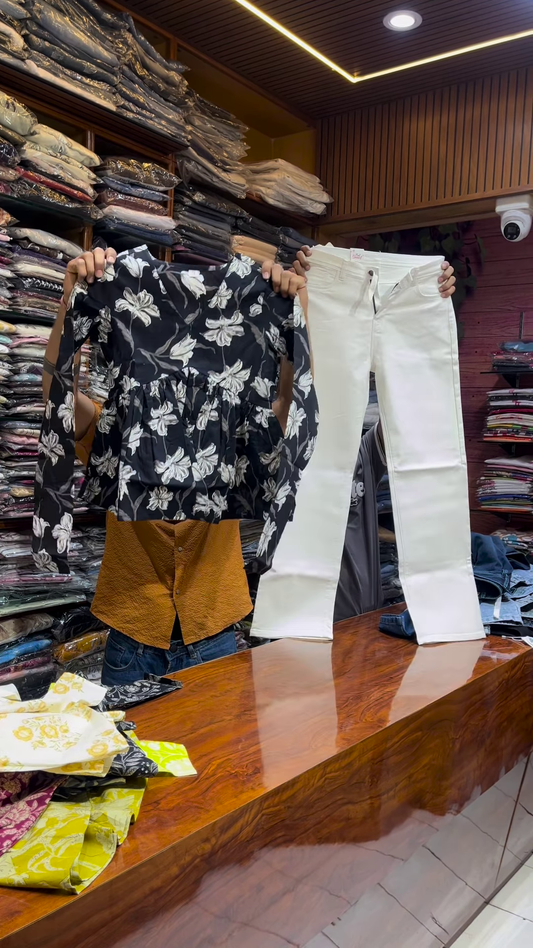 Black Floral Peplum Top with White Straight Pants – Chic Casual Co-Ord Set for Everyday Elegance