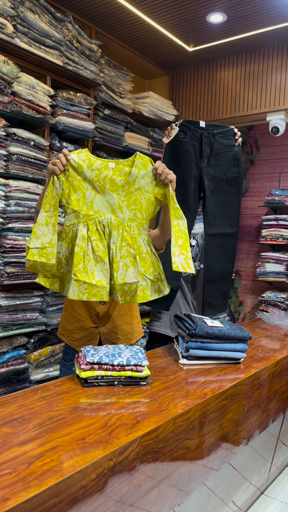 Black Floral Peplum Top with White Straight Pants – Chic Casual Co-Ord Set for Everyday Elegance