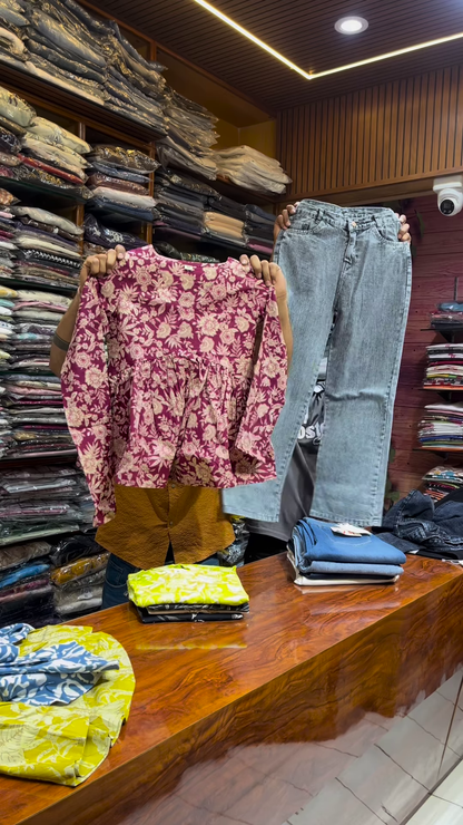 Black Floral Peplum Top with White Straight Pants – Chic Casual Co-Ord Set for Everyday Elegance