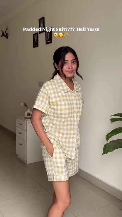 Padded Cotton Night Suit – Yellow Gingham Co-Ord Set for Ultimate Comfort & Style