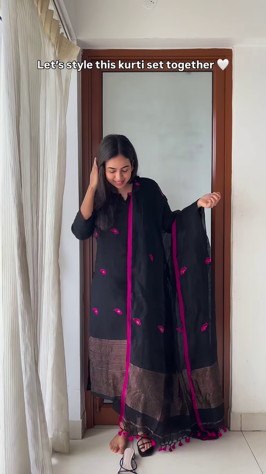 Elegant Black Kurti Set with Vibrant Pink Embroidery – Stylish Women’s Ethnic Wear