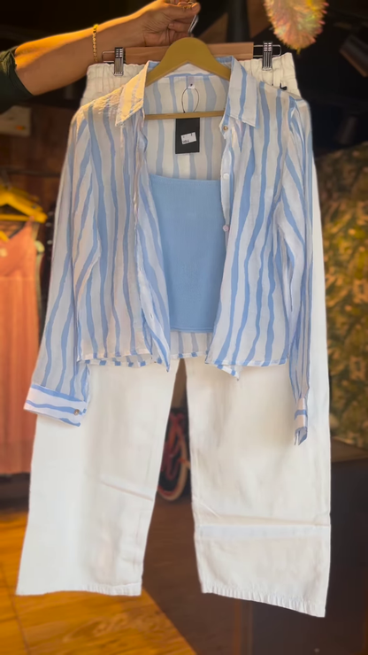 Effortless Striped Shirt & White Trousers Co-ord Set – Chic Women’s Casual Wear