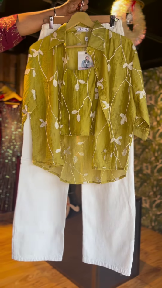 Chic Olive Green Leaf Embroidered Co-ord Set with Crop Top & Trousers – Women’s Stylish Outfit