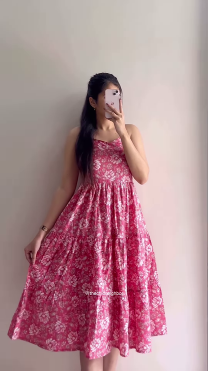 Elegant Printed Tiered Dress for Women – Stylish Maroon & White Midi Dress – Available in 6 Colors