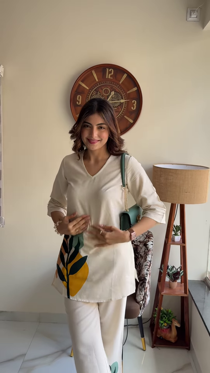 Elegant Navy Blue Floral Print Co-ord Set – Stylish Women’s Top and Trousers Outfit