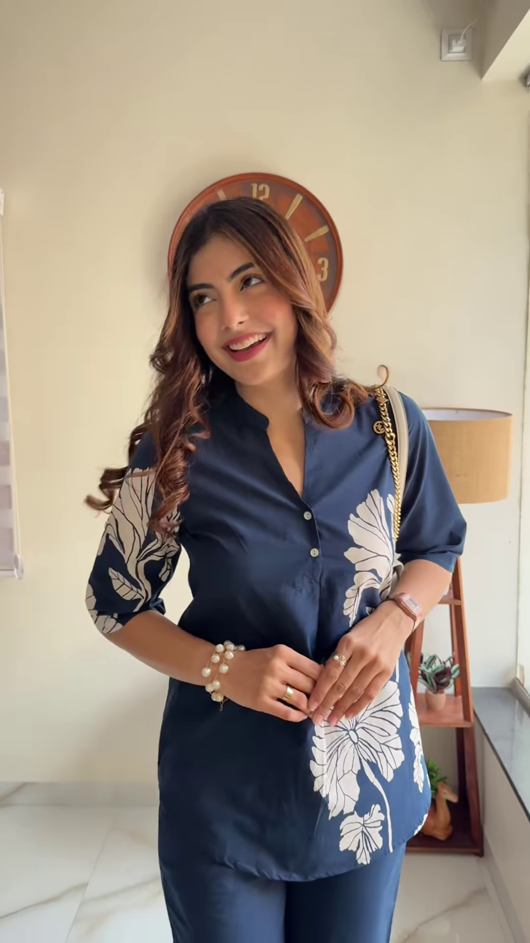 Elegant Navy Blue Floral Print Co-ord Set – Stylish Women’s Top and Trousers Outfit