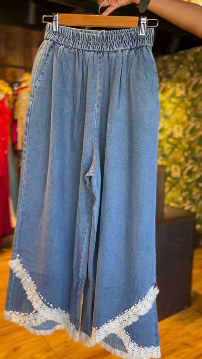 Playful Denim Wide-Leg Trousers with Colorful Flower Appliques & Lace Trim – Women’s Unique Bottoms