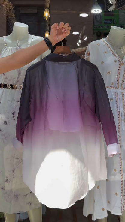 Women’s Gradient Purple-White Button-Up Shirt with Layered Necklace and Crop Top – Trendy Street Style