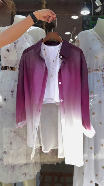 Women’s Gradient Purple-White Button-Up Shirt with Layered Necklace and Crop Top – Trendy Street Style
