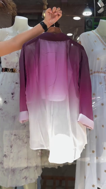 Women’s Gradient Purple-White Button-Up Shirt with Layered Necklace and Crop Top – Trendy Street Style