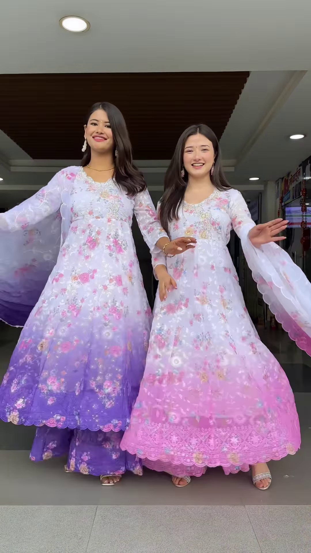 Women’s Gradient Embroidered Flared Maxi Dress – Ethnic Floral Festival Wear (Pink & Purple Variants)