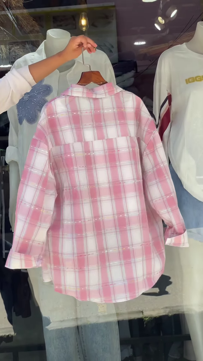 Women’s Pink & White Checkered Overshirt with White Tank Layer – Casual Street Style with Celestial Necklace Accent