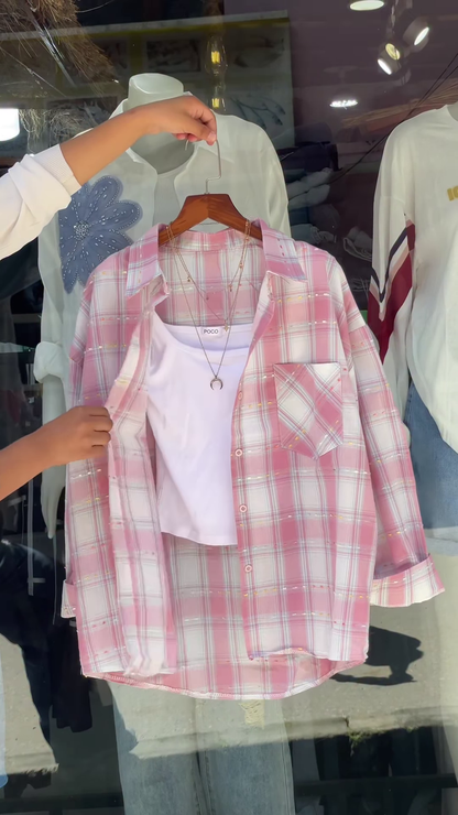 Women’s Pink & White Checkered Overshirt with White Tank Layer – Casual Street Style with Celestial Necklace Accent