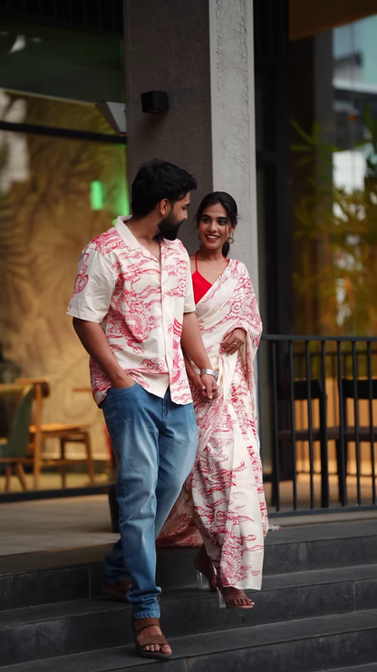 Couple’s Coordinated Ethnic Ensemble – White & Red Printed Saree with Matching Shirt and Jeans