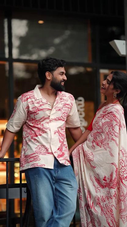 Couple’s Coordinated Ethnic Ensemble – White & Red Printed Saree with Matching Shirt and Jeans