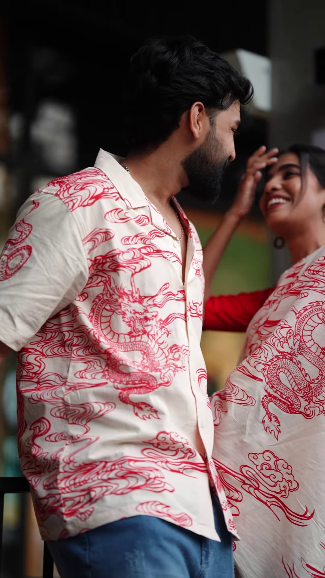 Couple’s Coordinated Ethnic Ensemble – White & Red Printed Saree with Matching Shirt and Jeans