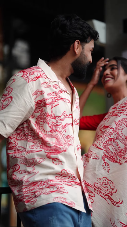 Couple’s Coordinated Ethnic Ensemble – White & Red Printed Saree with Matching Shirt and Jeans