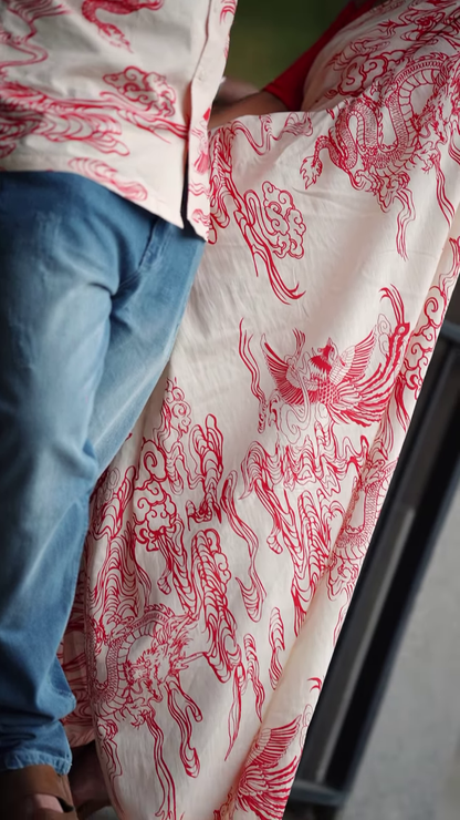 Couple’s Coordinated Ethnic Ensemble – White & Red Printed Saree with Matching Shirt and Jeans