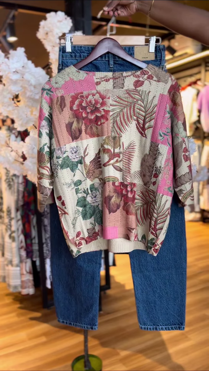Women’s Patchwork Floral Print Sweater with Blue High-Waisted Jeans – Casual Boutique-Inspired Ensemble