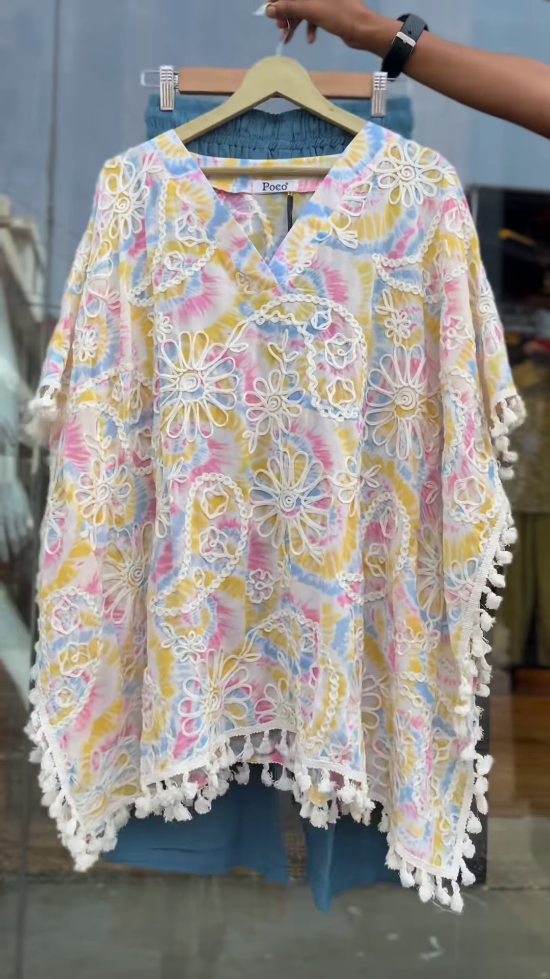 Women’s Pastel Tie-Dye Poncho Top with Lace Embroidery & Tassel Hem – Boho Resort-Ready Fashion