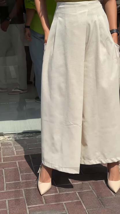 Women’s Mustard Short Sleeve T-Shirt with White Wide-Leg Pants – Minimalist Streetwear Look