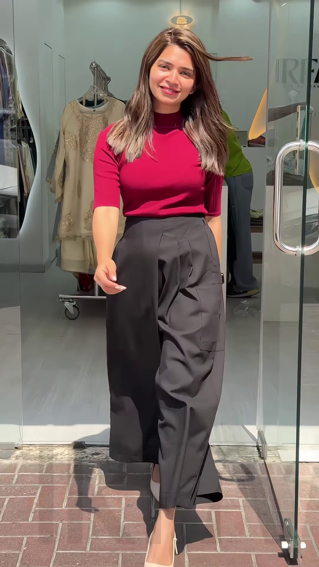 Women’s Mustard Short Sleeve T-Shirt with White Wide-Leg Pants – Minimalist Streetwear Look