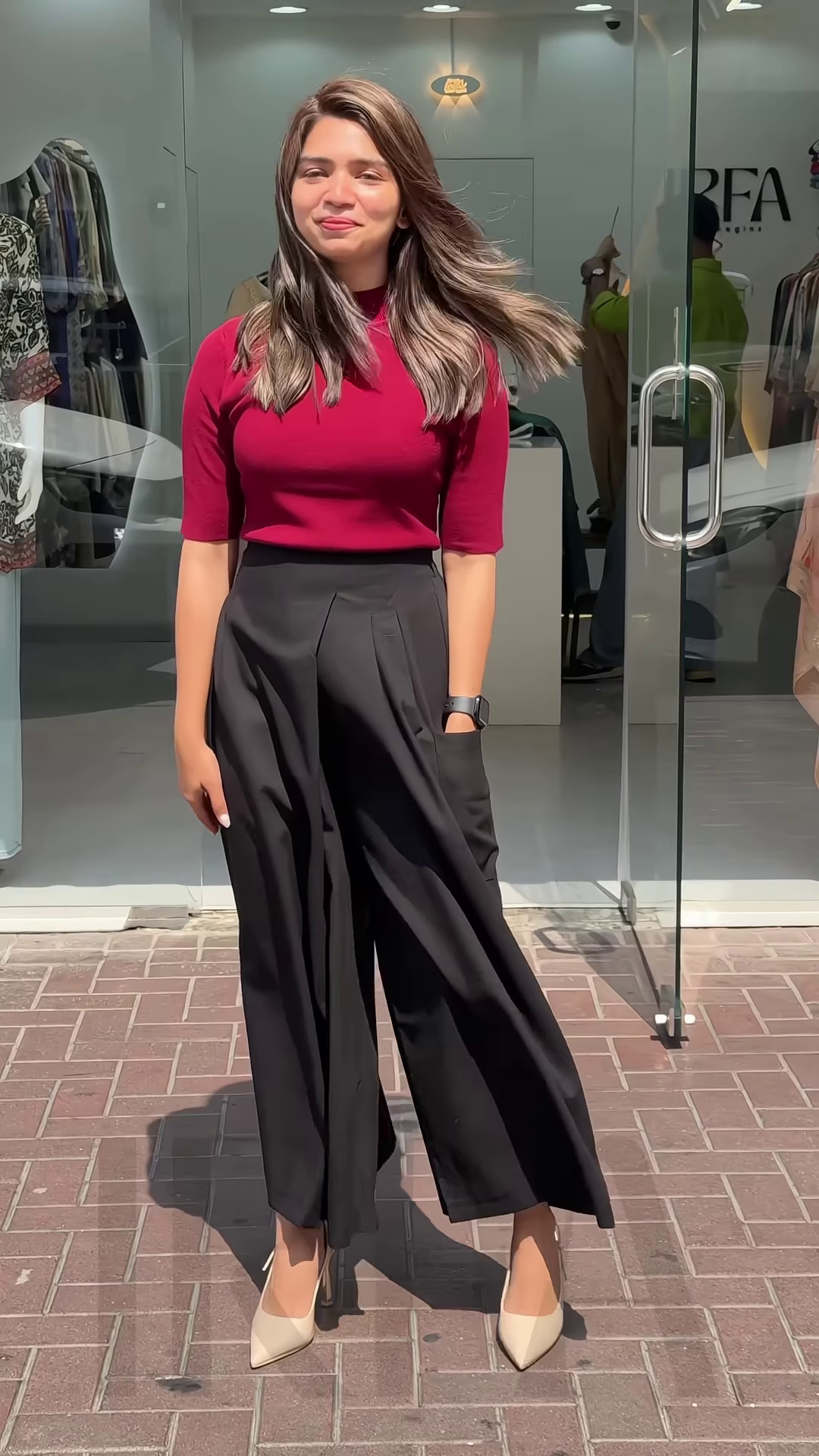 Women’s Mustard Short Sleeve T-Shirt with White Wide-Leg Pants – Minimalist Streetwear Look