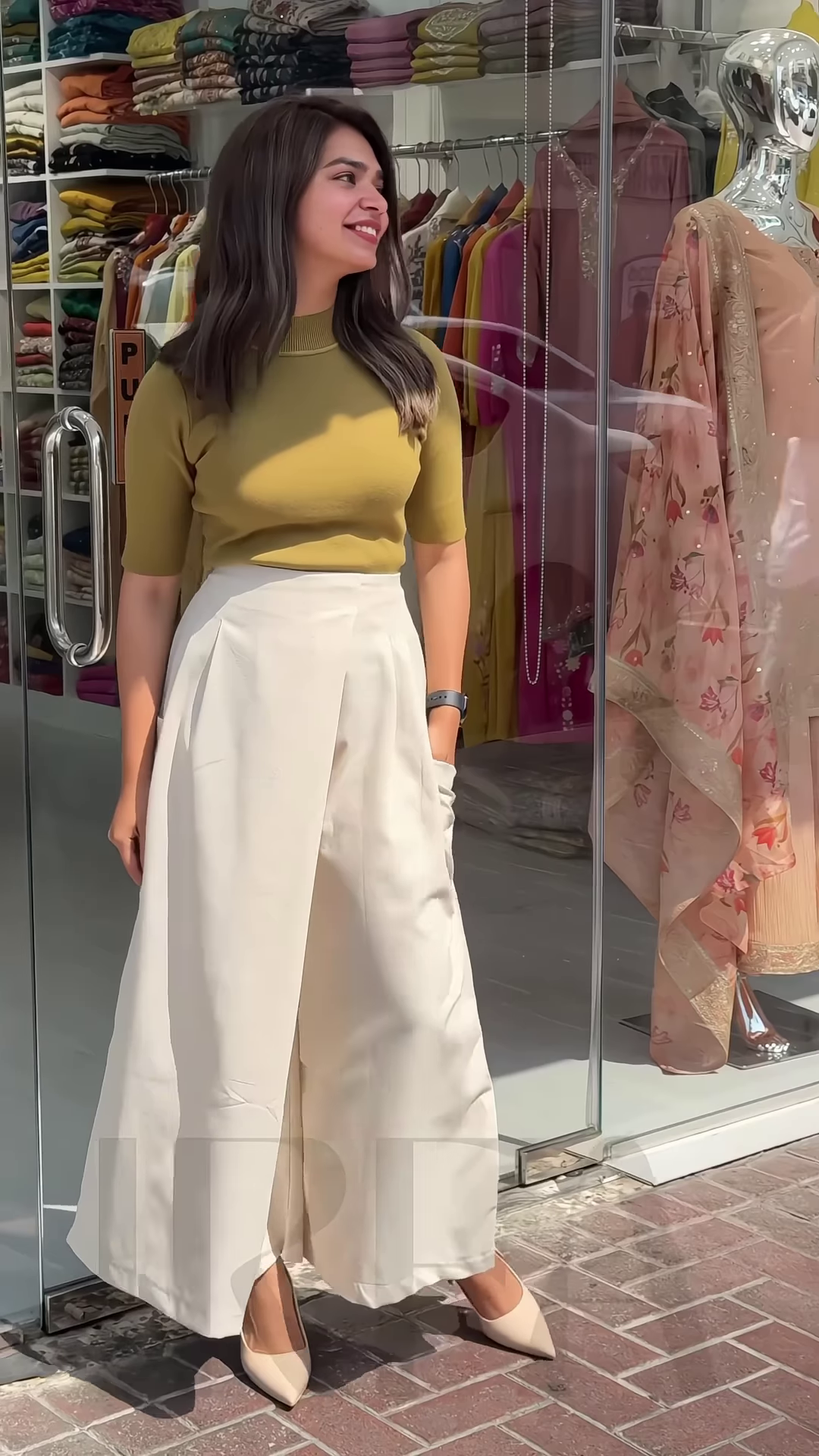 Women’s Mustard Short Sleeve T-Shirt with White Wide-Leg Pants – Minimalist Streetwear Look