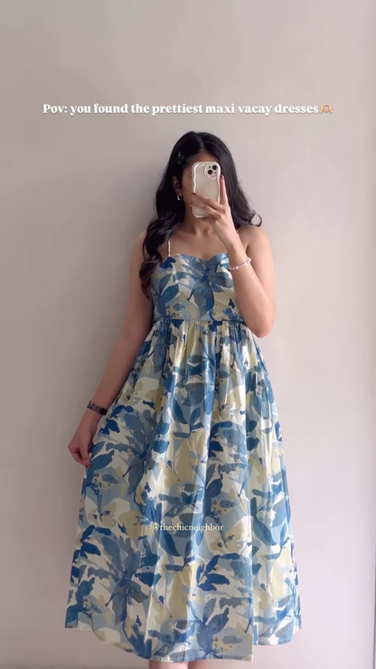 Women’s Sleeveless Blue-Beige Floral Print Maxi Dress – Lightweight Vacation-Ready Fashion