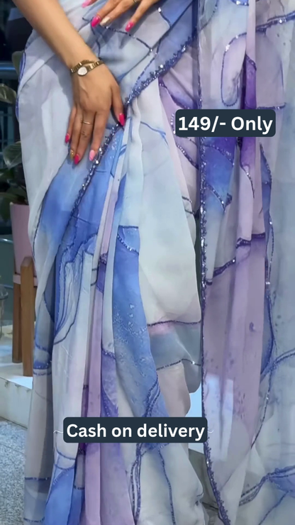 Women’s Abstract Blue-Purple Printed Saree with Solid Blouse – Lightweight Everyday Ethnicwear