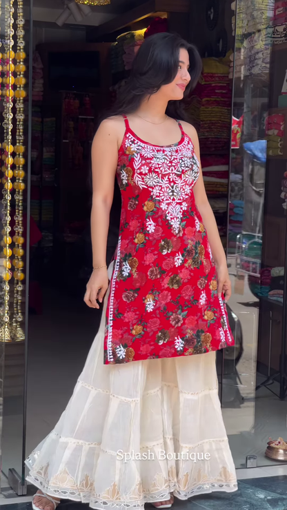 Women’s Red Sleeveless Embroidered Kurti with Cream Wide-Leg Bottom – Elegant Boutique Ethnic Ensemble