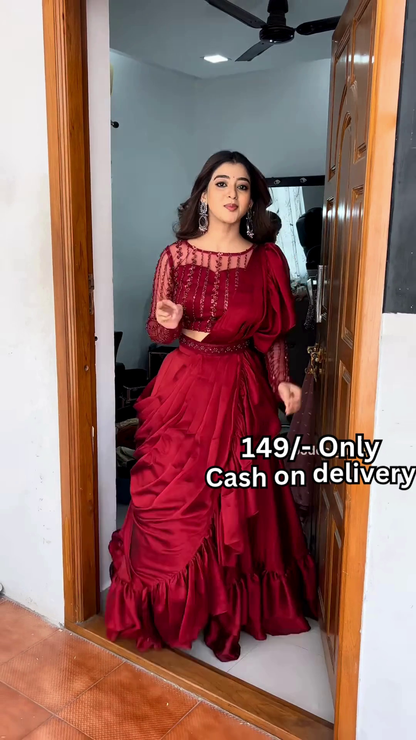 Women’s Red Embroidered Skirt Top Set with Traditional Earrings – Ethnic Doorway Portrait Ensemble