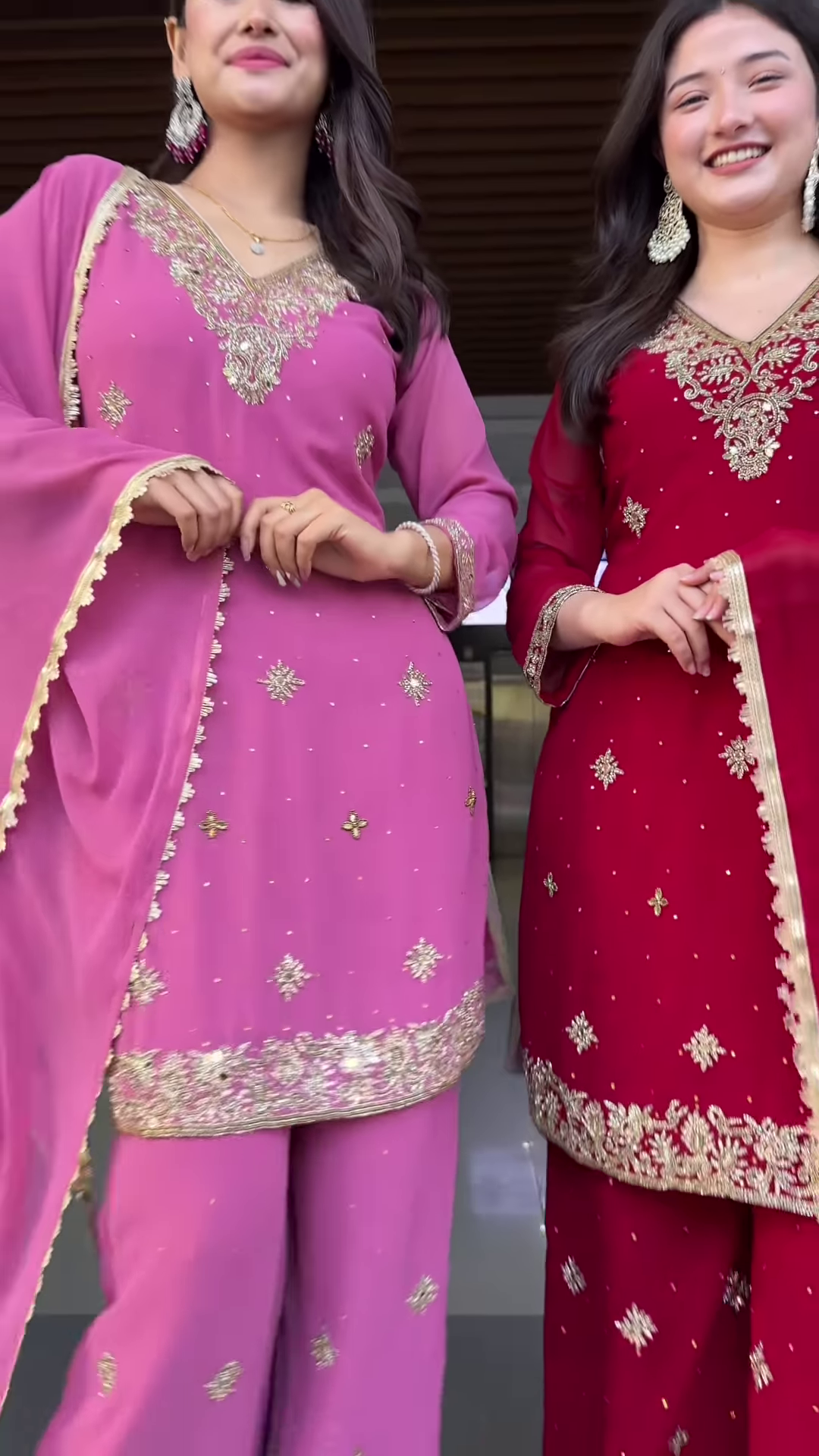 Couple’s Coordinated Embroidered Kurta Set – Pink & Red Traditional Ethnicwear with Dupattas
