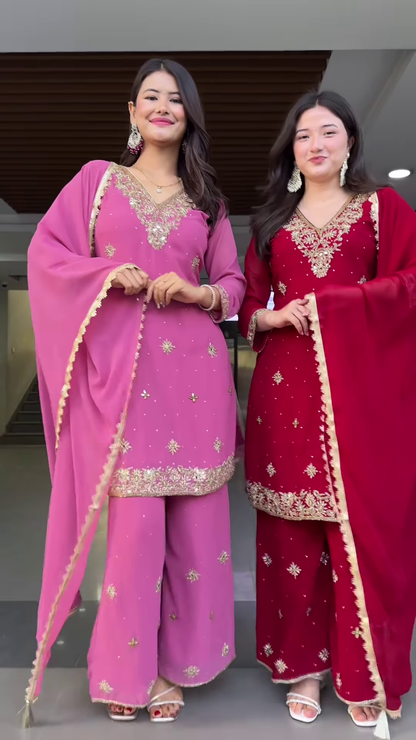 Couple’s Coordinated Embroidered Kurta Set – Pink & Red Traditional Ethnicwear with Dupattas
