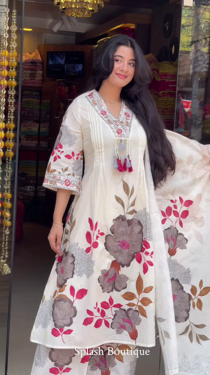 Women’s White Floral Printed Kurta Set with Dupatta – Ethnicwear Storefront Portrait Ensemble